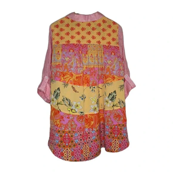 Soft Surroundings Island Linen Button Down Roll-Tab Sleeve Tunic Top L Floral - Picture 5 of 7